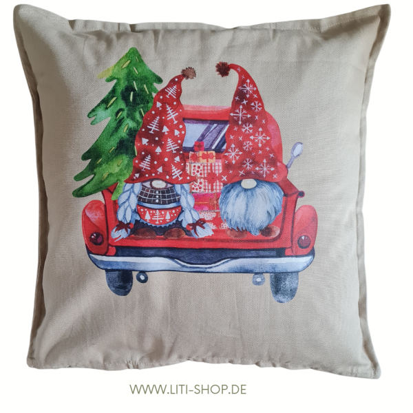 Deko-Kissen Weihnachten 2 Wichtel im Auto